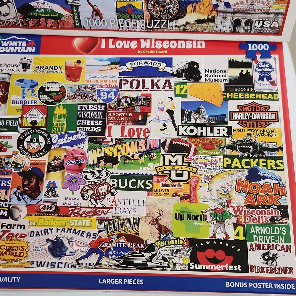 2/$20 WHITE MOUNTAIN PUZZLES 1000 pc I LOVE COLORADO & WISCONSIN Collage Girard - Picture 3 of 10